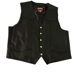Interstate Leather Vest Mens XL Black Biker Snap Front Lined Pockets Riding